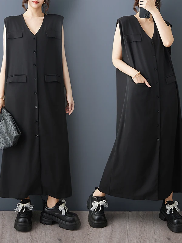 Fashionable Slimming Black Midi Dress 2026 Summer Collection Sleeveless Dark Style Straight Cut Vest Dress Casual V-neck Dress
