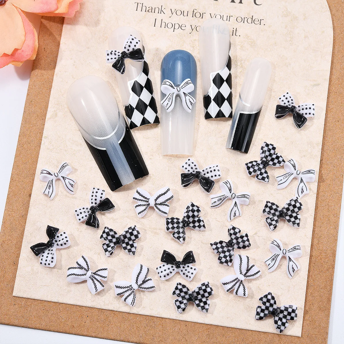 New 50pcs/Bag Hot Selling Butterfly Machine Black White Plaid Ribbon Butterfly Diy Phone Case Hairpin Decorations Accessories