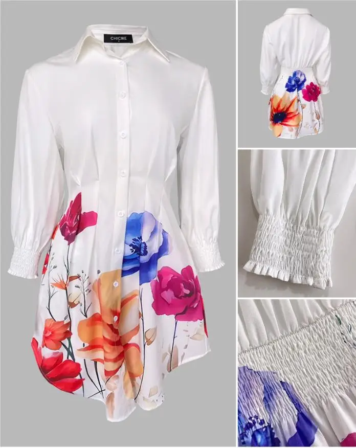 

Casual Women's Dresses Flower Print Lapel Long Sleeved Waist Cinched Dress Fashion Women Lantern Sleeves Button Up Shirt Dress
