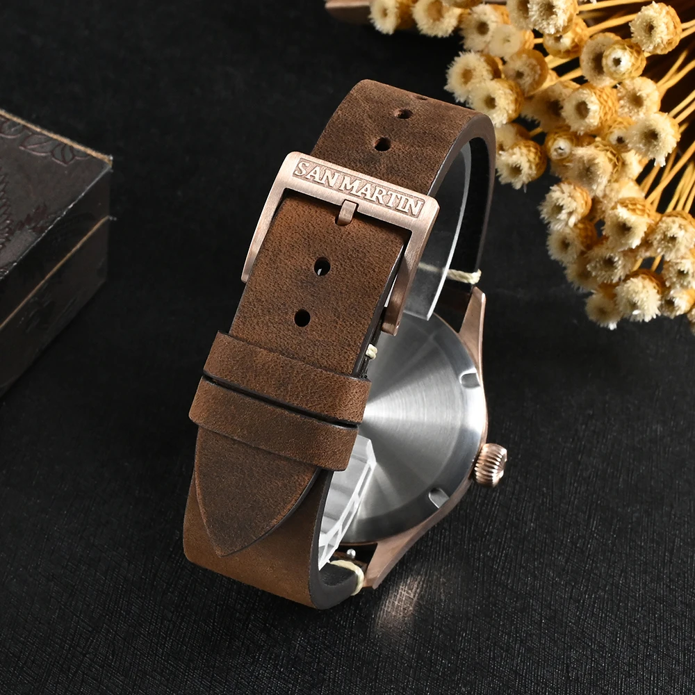 San Martin Pilot Watch 41mm Cusn8 Bronze Classic Military ST3621/NH35 Mechanical Watches Crazy Cowhide Strap C3 10Bar Luminous