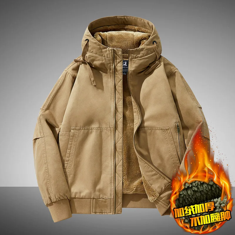 Winter Washed Hooded Padded Jacket Men's Fleece Plus Size Casual Outerwear