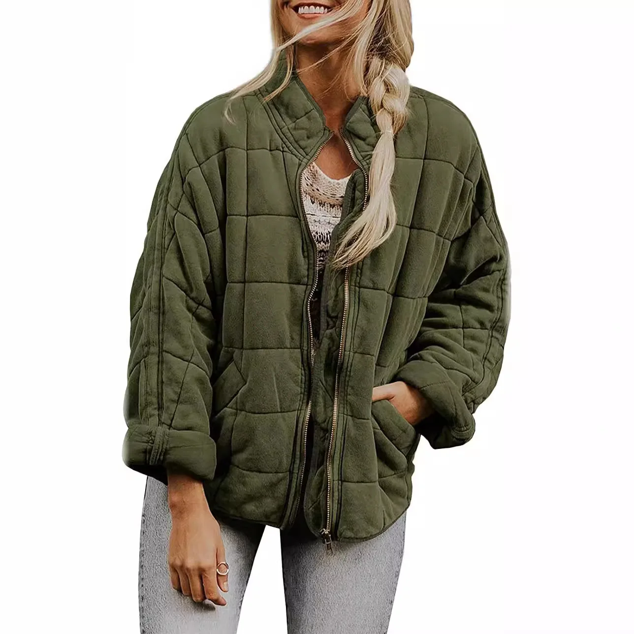 Quilted Coats Women Solid Stand Up Collar Loose Pocket Long Sleeved Cotton Jacket Autumn Winter Fashionable Daily Warm Overwear