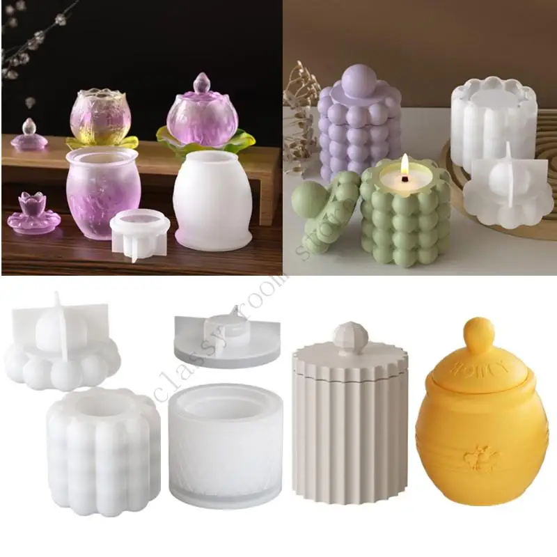 

New Cylindrical Jar Resin Silicone Mold Lotus Shape Jewelry Storage Box with Lid Mold For Crafting Candle Holder Candy Jar