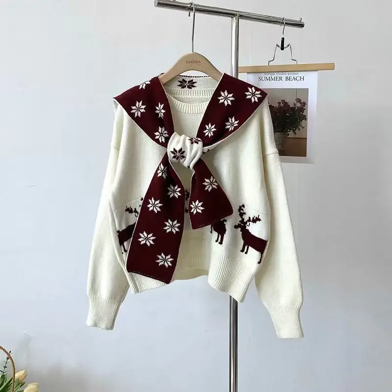 

Korean Version of New Red Sweater Christmas Atmosphere Jacquard Long-sleeved Knitted Loose Fashionable Sweater Top