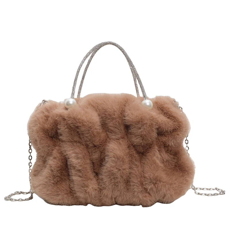 

Winter Soft Pleated Plush Tote Bag Women's Fashionable Faux Fur Chain Strap Bucket Bag Handbags for Female 2025 Bolsa Feminina