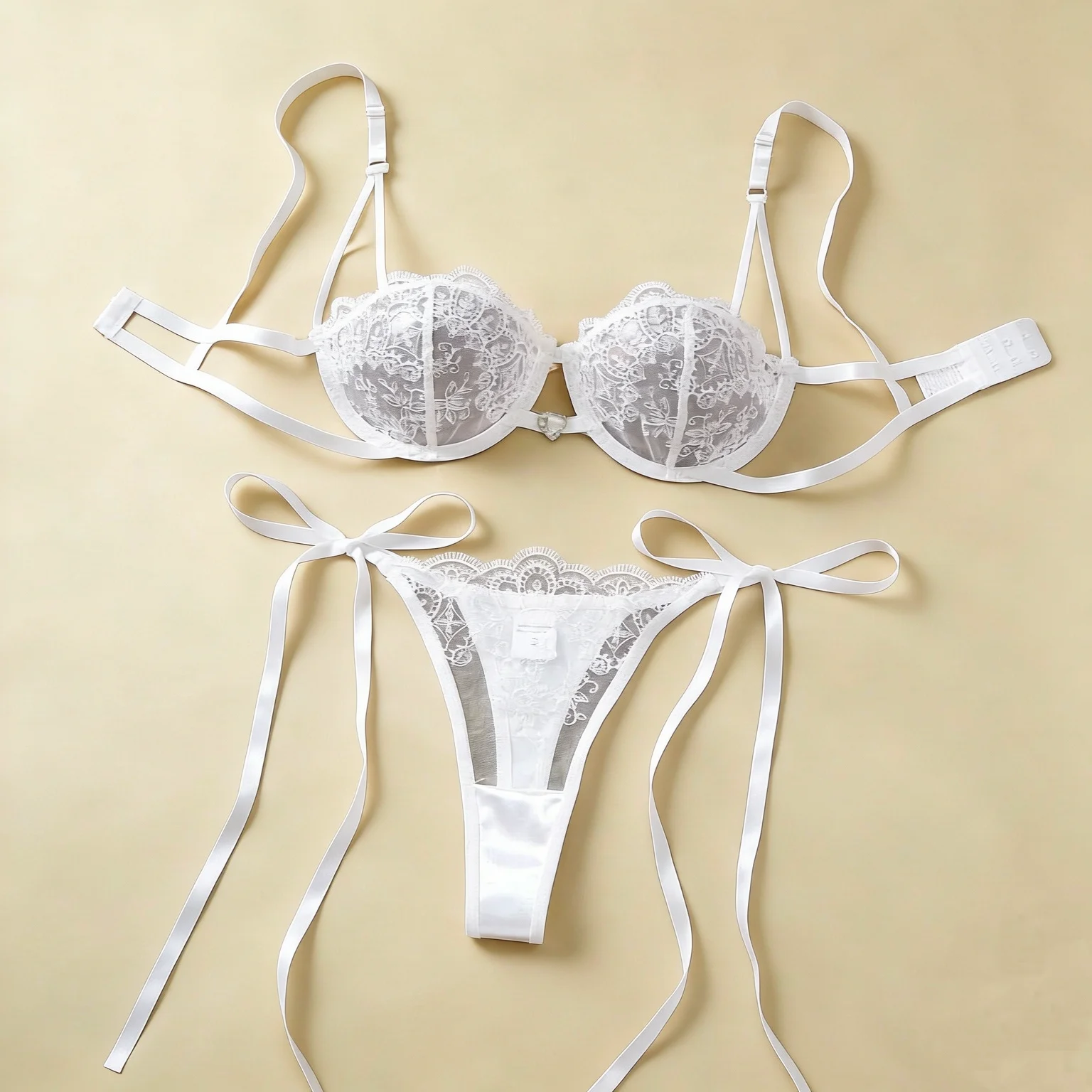 Elegant White Bridal Mesh Lingerie Set Floral Embroidery Rhinestone Bra Long Ribbon Side Tie Thong For Honeymoon ZA825201