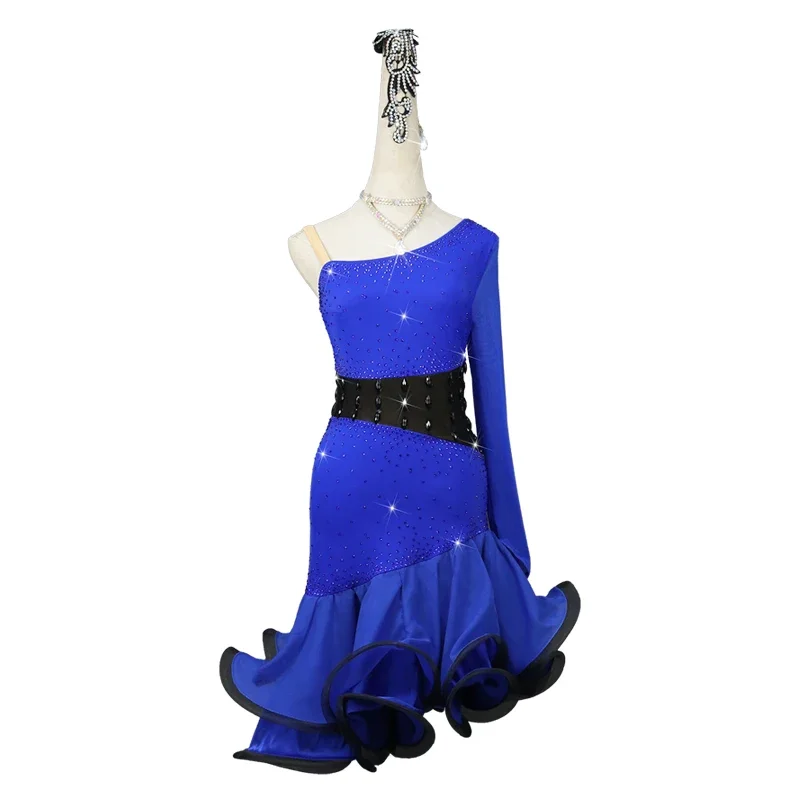 

New Latin Dance Dress Competition Blue Costumes Skirt Performing Dress Adult Customize Children Red Matador Skirt Split Skirtes