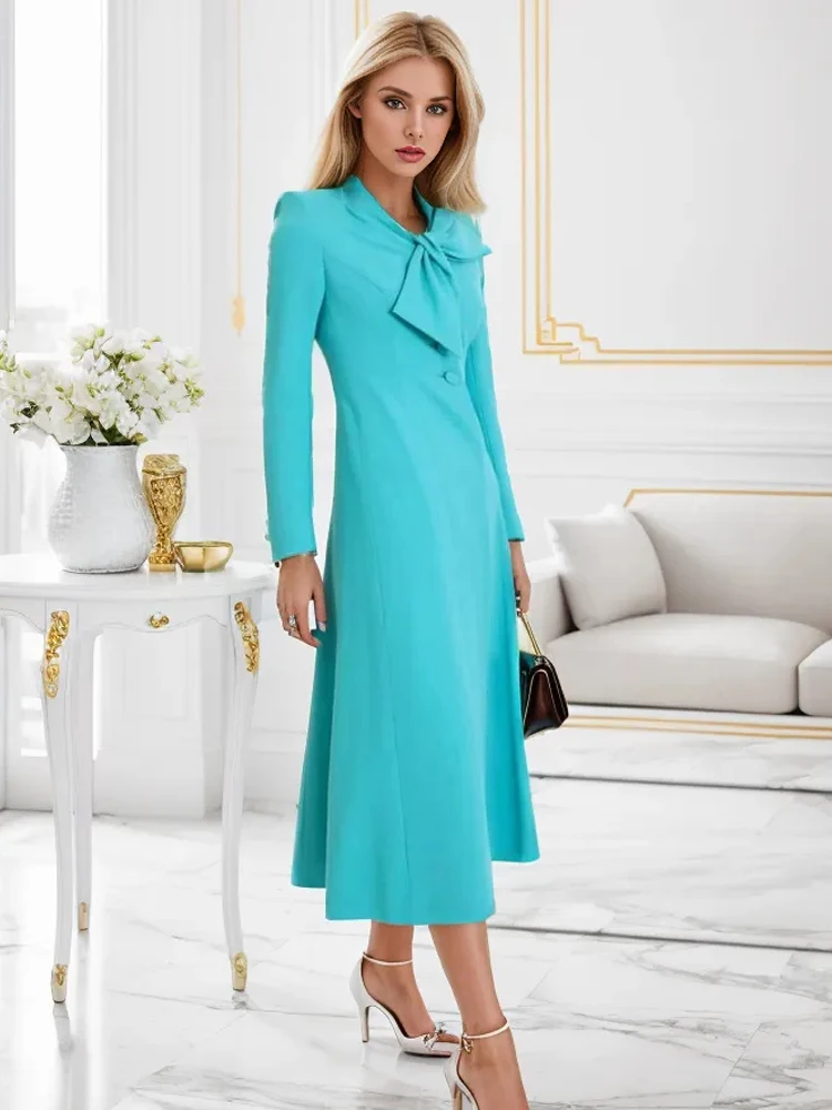 

Dresses New Ladies Spring Autumn High Quality Fashion Party Blue Yellow Bow Button Casual Chic Elegant Long Sleeved Midi Dress