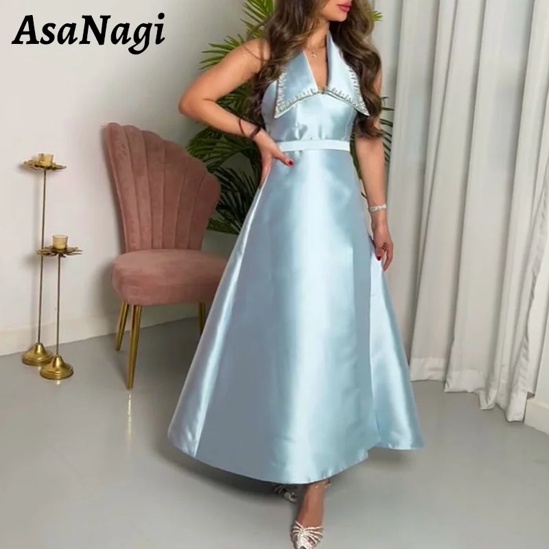 

AsaNagi A Line Halter Neck Prom Dress Women's Backless Beaded Party Evening Gown Satin Ankle Sleeveless Special Occasion Gowns