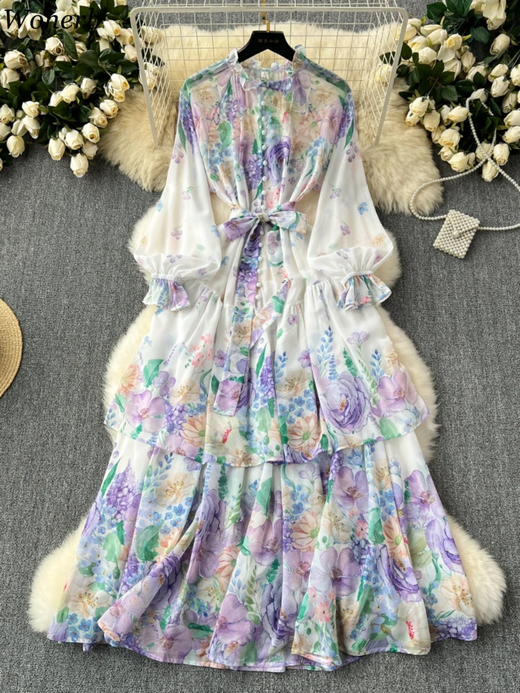 2024 Vestidos De Mujer Bohemian Dresses for Women Lantern Sleeve Print Korean Robe Femme High Waist A-line Bandage Maxi Dress WJ