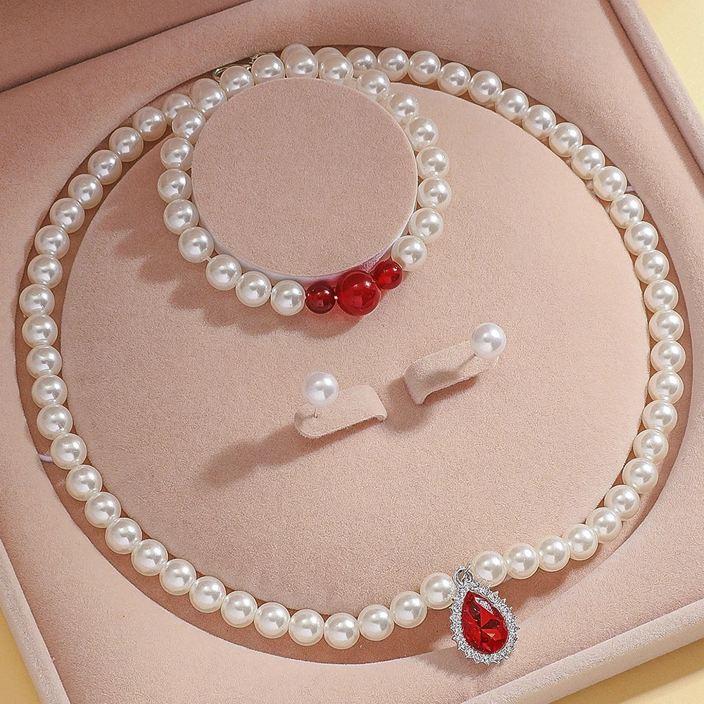 4Pcs White Imitation Pearl Jewelry Set White  Teardrop Ornament Necklace Bracelet Stud Earrings Women Wedding Party Accessories