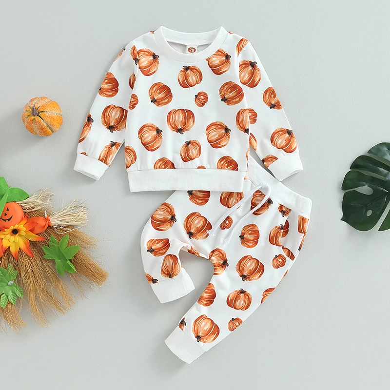 2023-06-18 Lioraitiin 0-3Years Toddler Boy Girl Halloween Outfits 2Pcs Long Sleeve Pumpkin Sweatshirt Trousers Set Baby Clothes