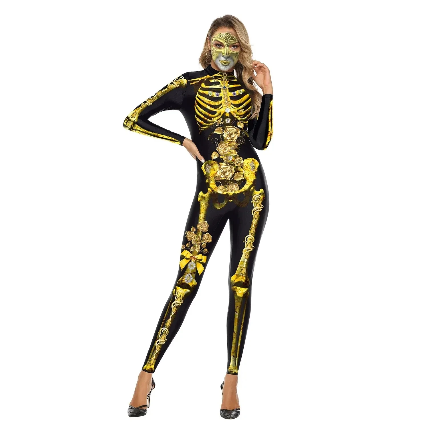 

S011 Women's Bone Jumpsuit 3D Print Costume Halloween Cosplay Catsuit Overall Bodysuits