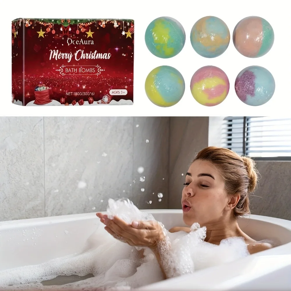 6pcs Festive Christmas Bath Bombs Gift Set, 30g Vibrant Colors Bath Salt Ball, Perfect Foam Bubble Balls for Relaxing Bath Time