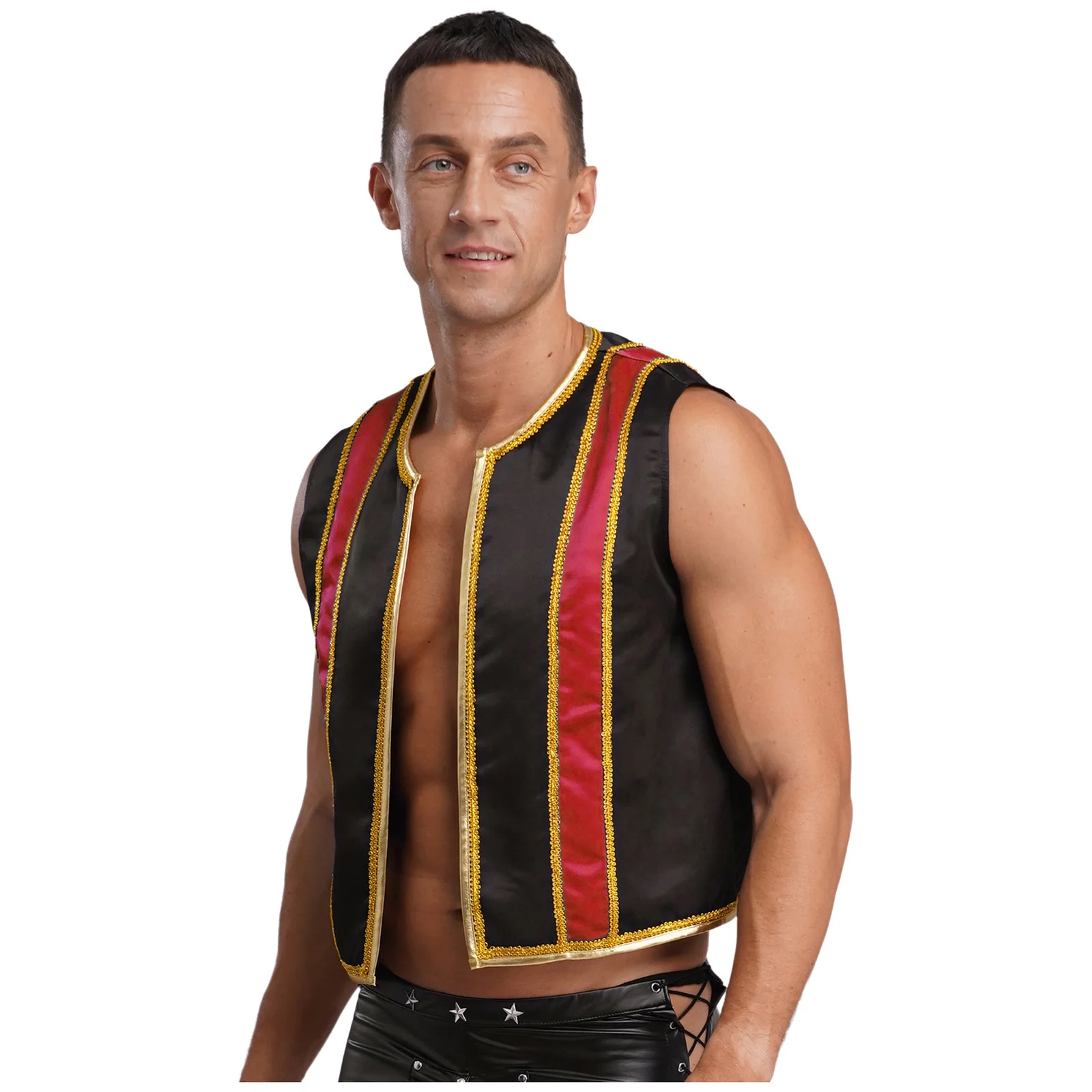 

Men Halloween Ringmaster Circus Spanish Matador Cosplay Performance Vests Costume Sleeveless Open Front Gold Trim Arabic Tops