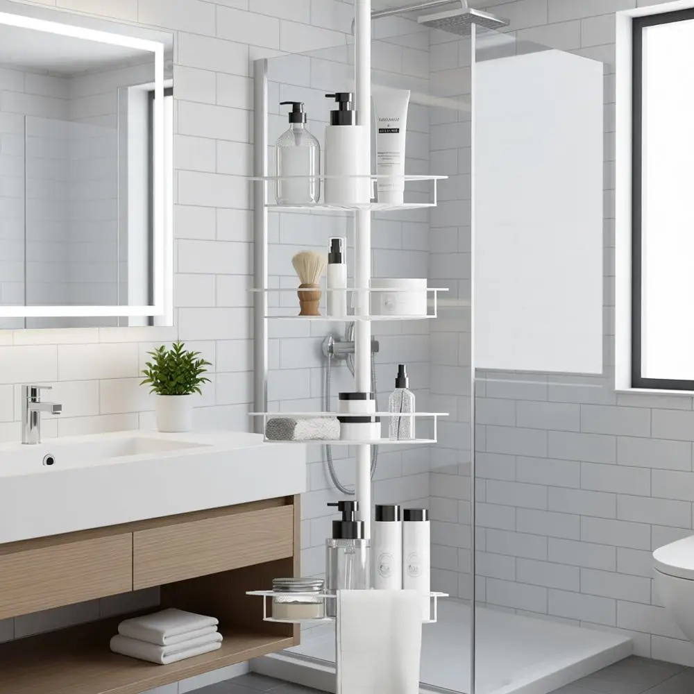 

Регулируемая 4-секционная полка для душа с держателем для полотенец, устойчивая к ржавчине, 60-97 дюймов, белая