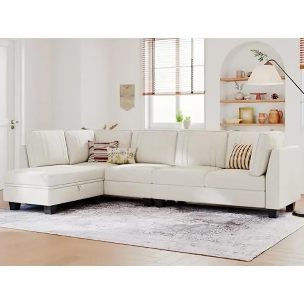 Velvet Sectional Couch 4-Seater Sofa with Reversible Chaise and Storage Ottoman Beige