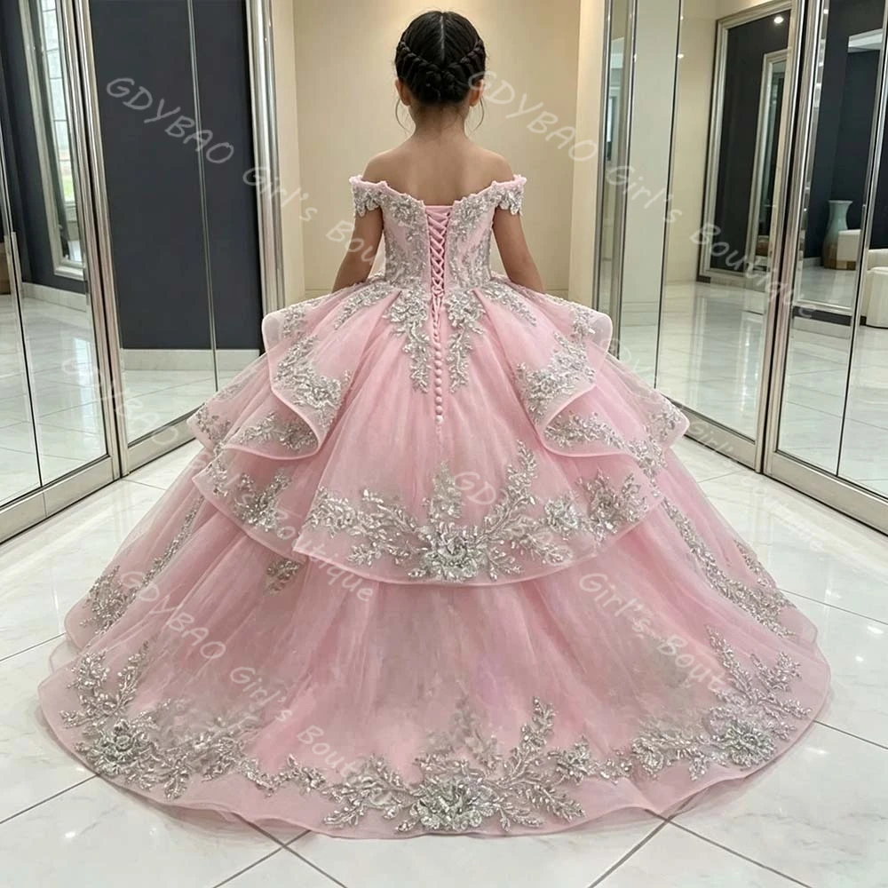 Off Shoulder Flower Girl Dress for Wedding Kids Glitter Sequined Appliques Tiered Tulle Princess Pageant Dress Custom Ball Gown
