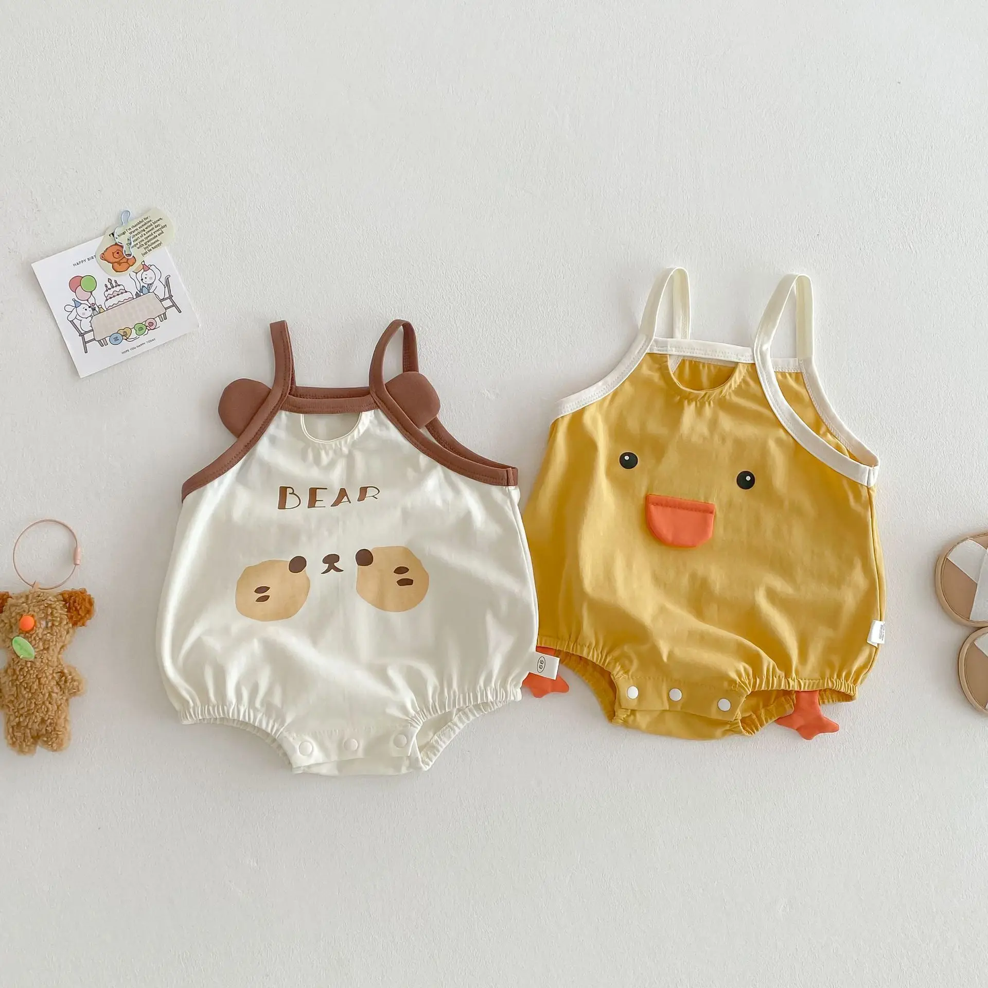 

2025 Summer Baby Lightweight Breathable Cotton Sleeveless Halter Romper Cute Cartoon Little Yellow Duck & Bear Unisex Bodysuit