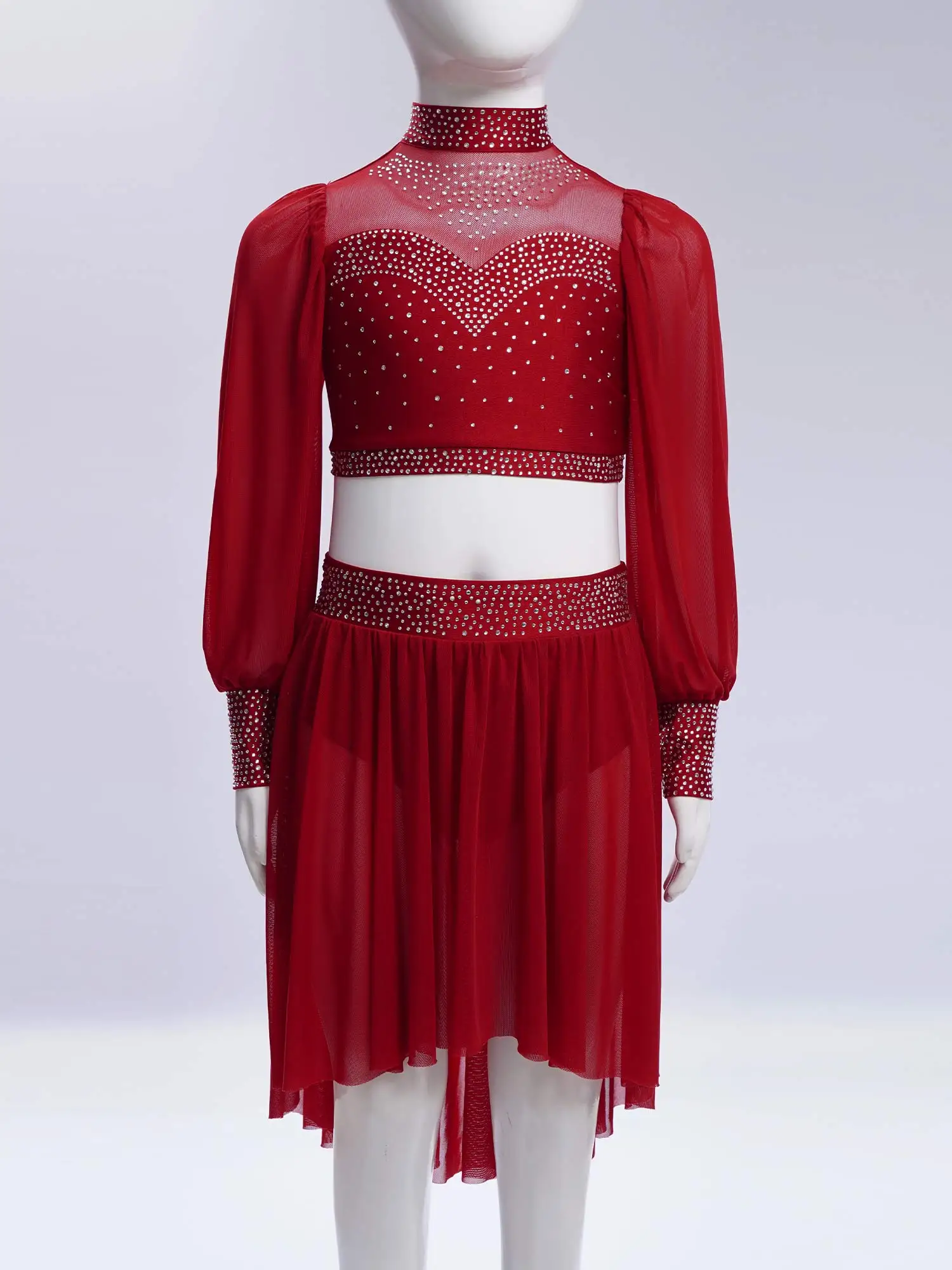 Costume da balletto per bambina, 2 pezzi, maglia trasparente, maniche lunghe, ritaglio sul retro, top corto + gonna per performance di danza lirica di pattinaggio di figura