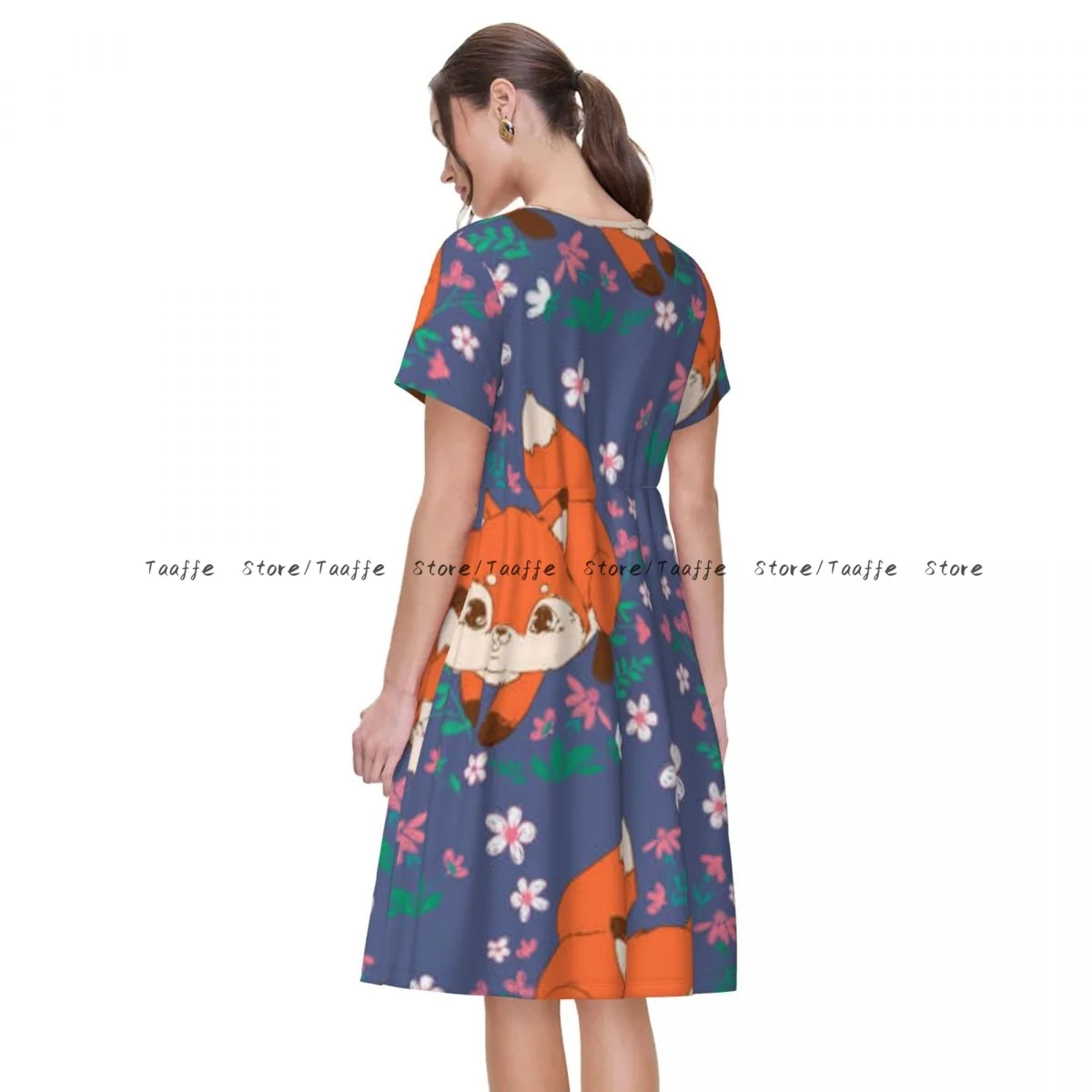 Elegantes Damenkleid mit niedlichem Fuchs- und Blumenmuster, Umlegekragen, kurze Ärmel, körperformend, Straßenrobe