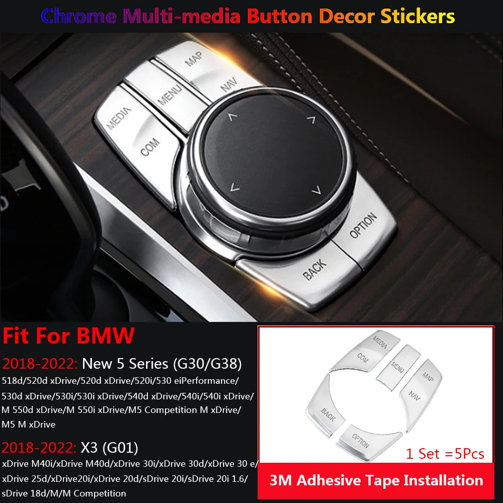 5Pcs Car Multi Media Button Switch Frame Cover Trim For BMW New 5 X3 G30 G38 G01 2018-2022 Auto Interior Inner Stickers Para Set