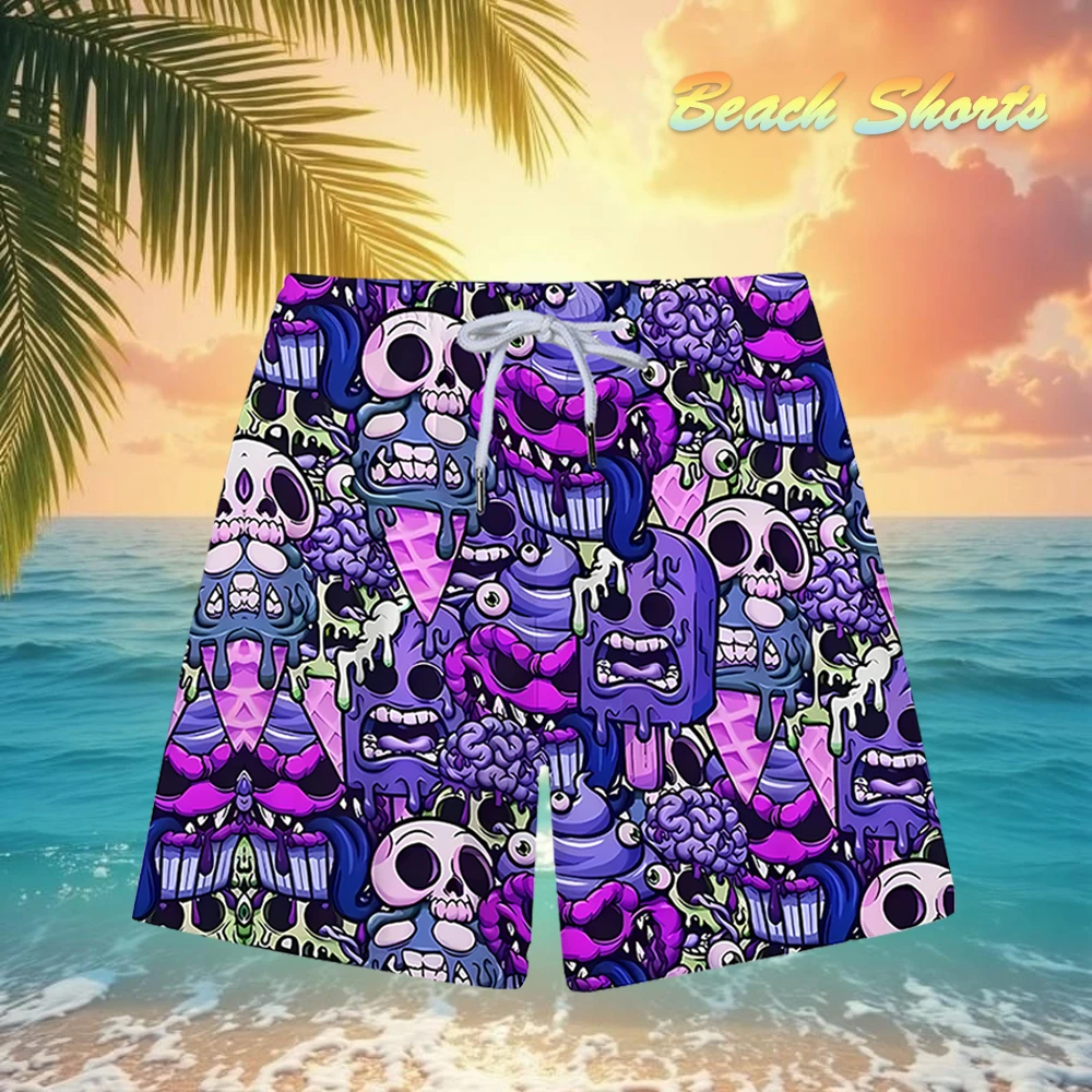 

Funny Ice Cream Skull Graphic Shorts Summer Men's Breathable Quick Dry Swimming Board Shorts Vacation Casual Hawaii Beach Pants