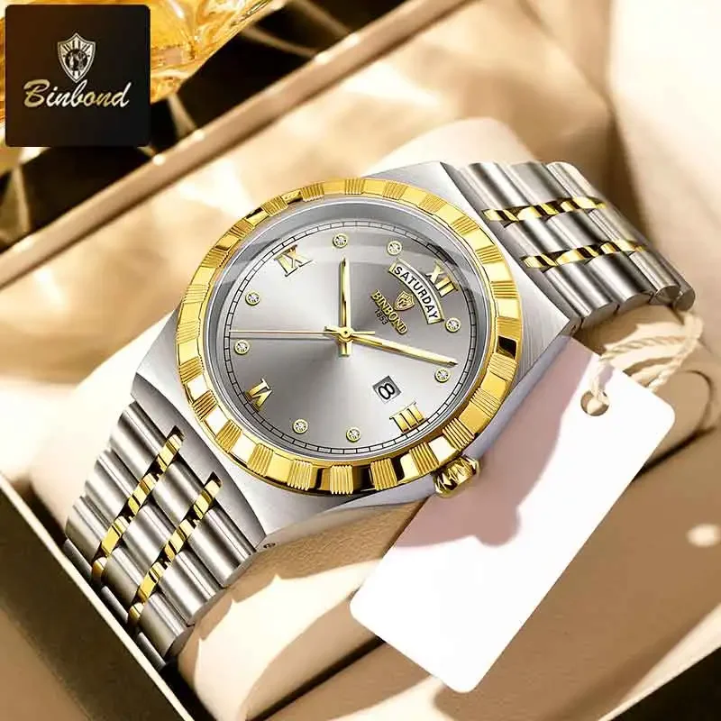 

BINBOND Top Brand Man Quartz Watch Waterproof Luminous Date Luxury Wristwatch Stainless Steel Strap Fashion Business Men Watches