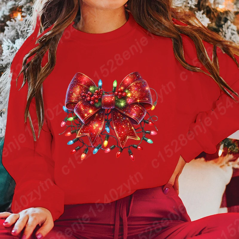 Christmas Light Bow Print Sweatshirts Autumn And Winter Long Sleeve Tops Round Neck Casual Pullovers Women Hoodeless Sweatshirts