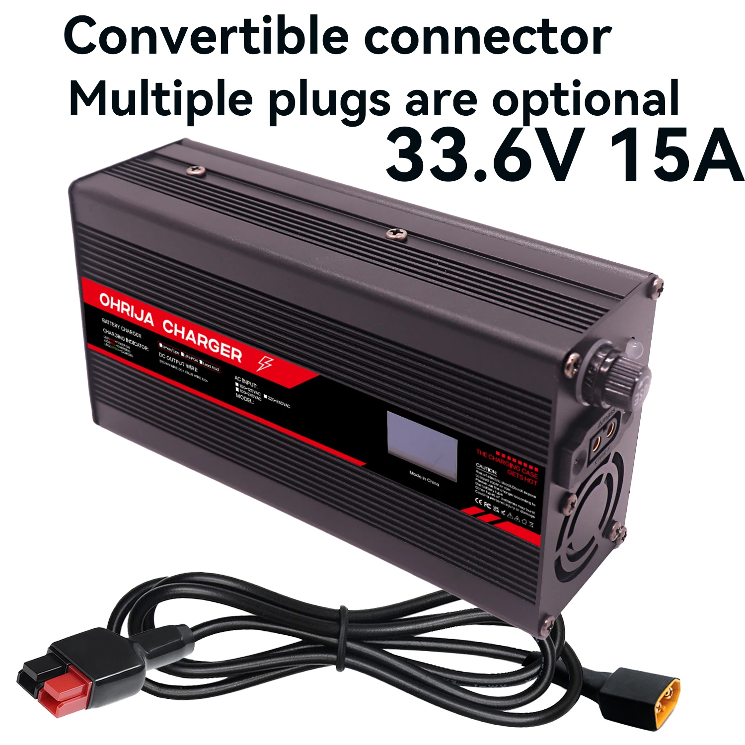 33.6V 15A Lithium Battery Fast Charger for 8S 29.6V OLED Display & Interchangeable Connector Fast stabilization with cooling fan