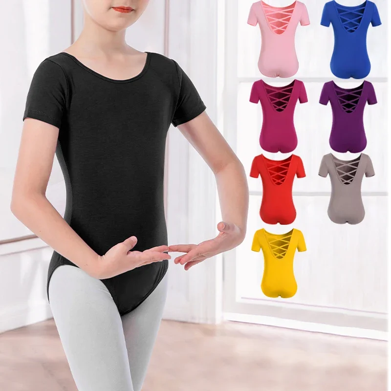 Maillot de ballet para niña, con espalda cruzada y mangas cortas, ideal para practicar danza.