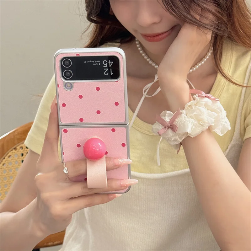 Fashion Polka Dot Leather Phone Case For Samsung Galaxy Z Flip 6 5 4 3 Z Flip6 Flip5 Flip4 5G Cover with Cute Ring Cases Funda