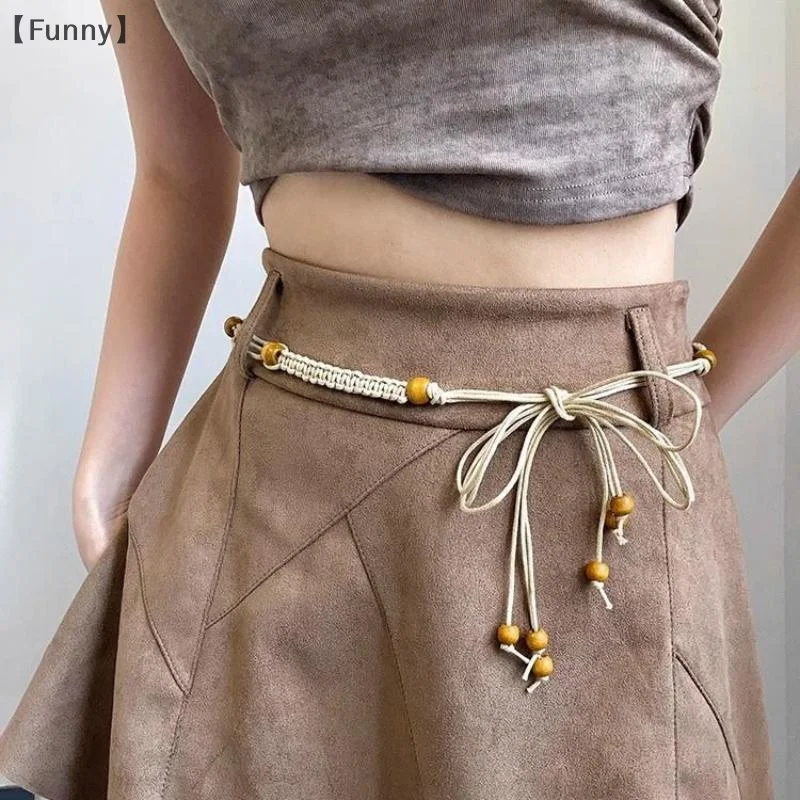 boho belts for dresses Woven Stretch Beaded Round Buckle Boho Belt KHAKI