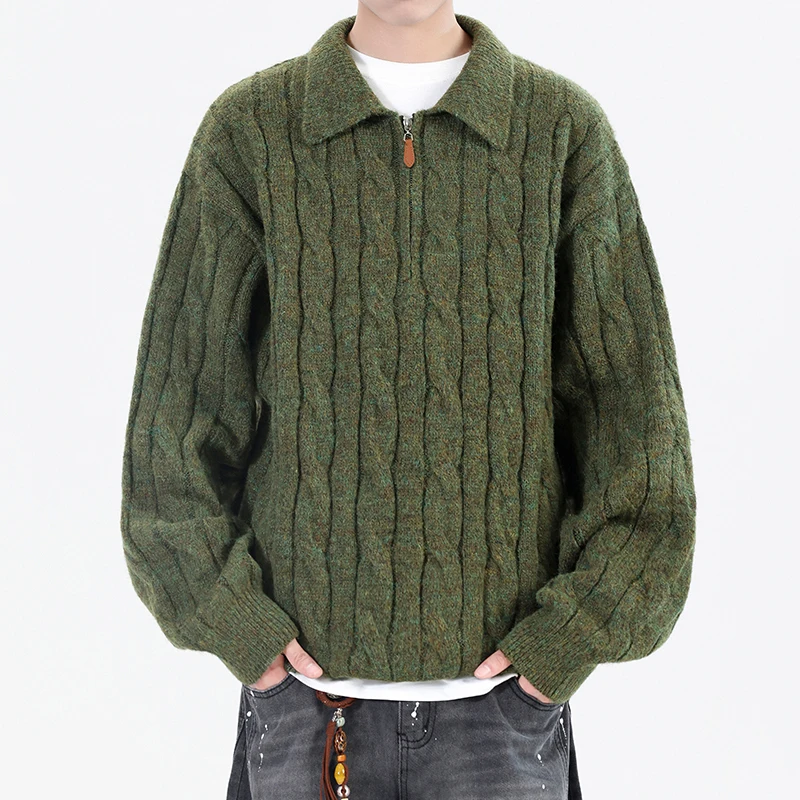 

Couple Cable Knit Half-Zip Clean Fit Knit Sweater High-quality Retro Solid Color, Men's Wool Sweater for Warmth.