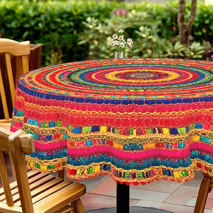 1 Piece of Colorfulful Retro Bohemian Printed Round and Rectangular Tablecloths, Various Sizes Available, Edge Embossing Process, Geometric Style Outdoor Decorative Tablecloths for Home Dining, Tablecloths for Indoor and Outdoor Use, Courtyard Table Decoration