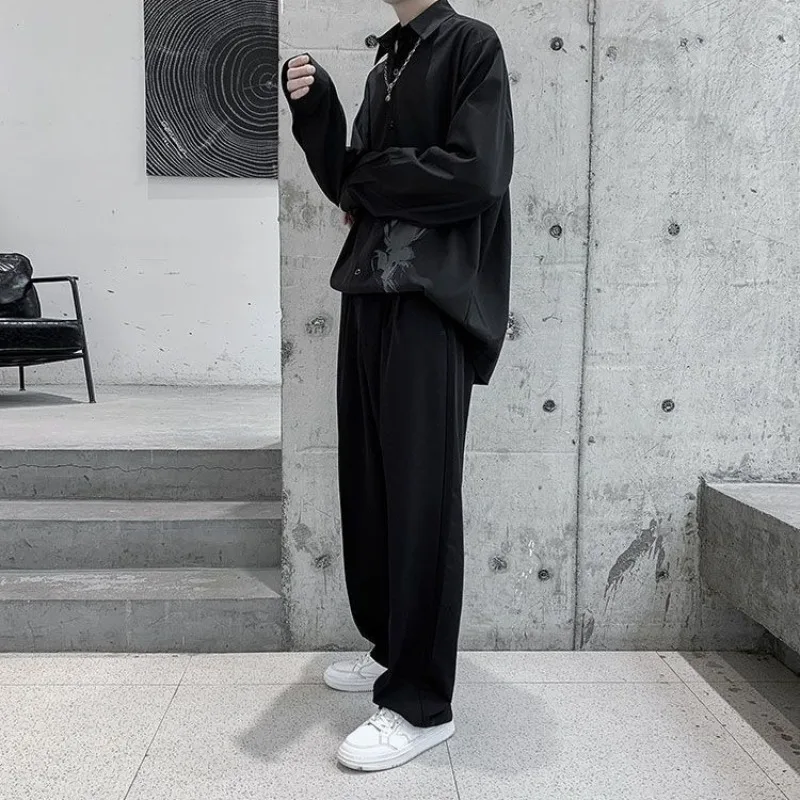 

Модная мужская рубашка с длинным рукавом в гонконгском стиле, свободного кроя, эфирная, сдержанная, дерзкая, высококачественная, повседневная, в комплекте