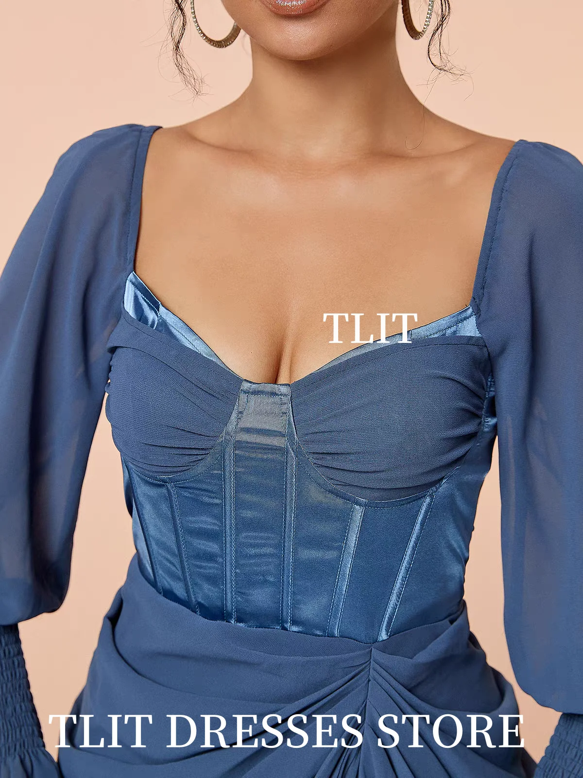 TLIT Semplici abiti da sera corti in chiffon blu navy personalizzati maniche lunghe pieghe abiti da ballo senza spalline guaina و