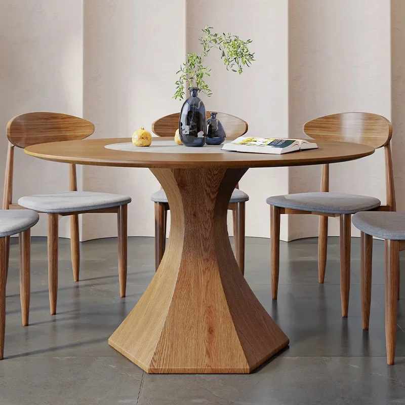 Dining table, modern simple solid wood dining table, household table with built-in turntable