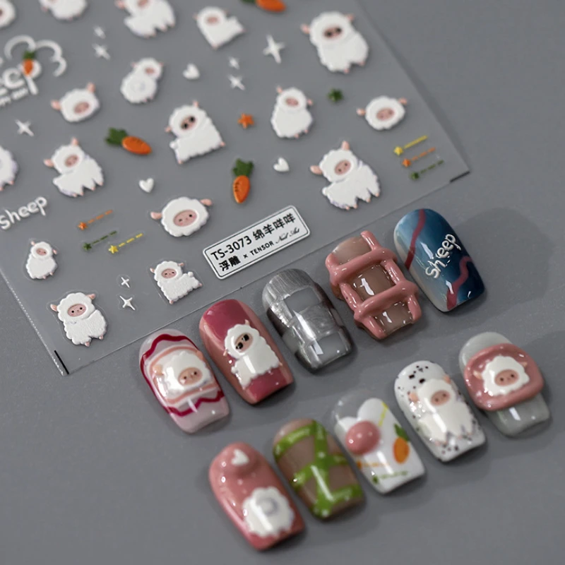 Cute Sheep Rabbit Cartoon 5D Soft Embossed Relief Self Adhesive Nail Art Sticker Lovely Bunny Carrot Star 3D Manicure DIY Decal