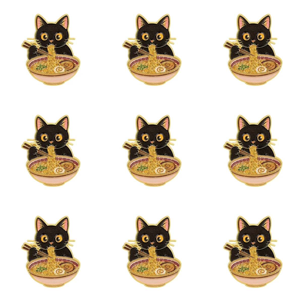 9 Stück Niedliche Schwarze Katze, die Nudeln isst, Emaille-Brosche, Anstecknadel für Kleidung, Tasche, Hut, Dekoration, Sammlerstück, Geschenk, Trendiges Accessoire – Detail 2