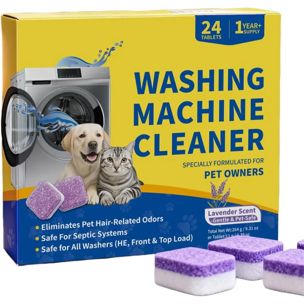 

24 Count Washing Machine Cleaner Tablets for Pet Hair Relief, HE-Safe, Septic-Safe, Lavender Scent, 1-Year+ Supply for Top/Front