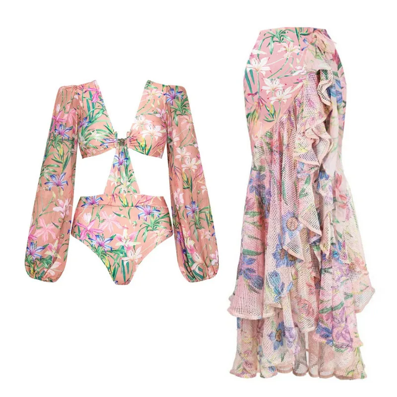 Mesh Patchwork Printed One-piece Swimsuit Women's Mini Ruffle Edge Vacation Sexiness High Elasticity Floral  Tight-fitting Suit