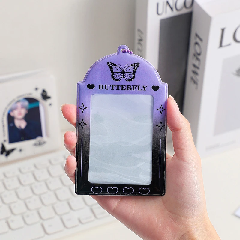 Butterfly Photo Card Holder Keychain, preto, roxo, Idol Photos Display, 3 "PVC Card Sleeves, Protetores Capa, INS Moda