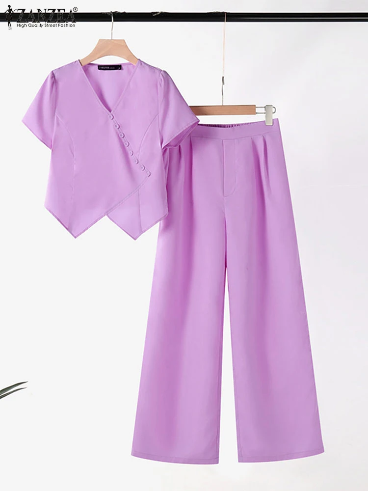 2024 ZANZEA Summer Elegant Short Sleeve Blouse Pant Sets Casual OL Work Tracksuits 2PCS Women Solid Work Outfits Matching Sets