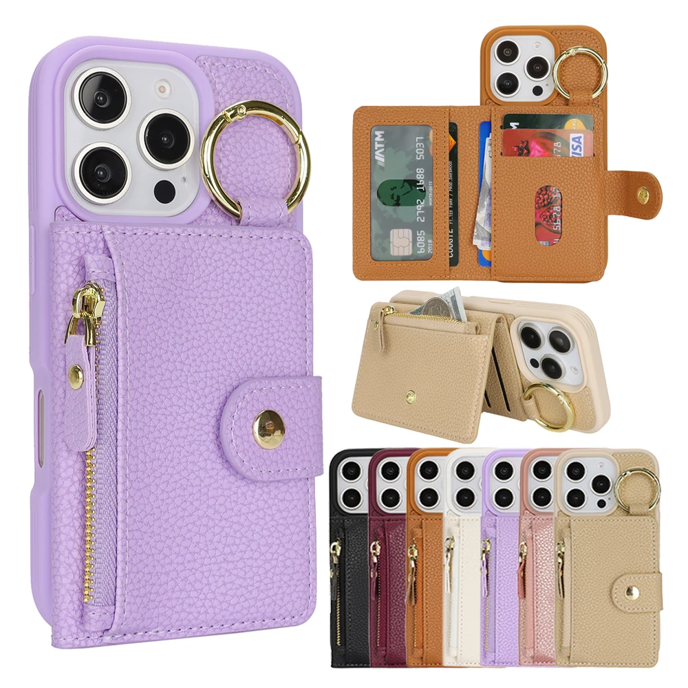 

Zipper Wallet Case Leather Case For iPhone 16 Promax 15 Plus 14 13 Phone Cover Bumper Back Cover Ring Buckle Kickstand Cards bag