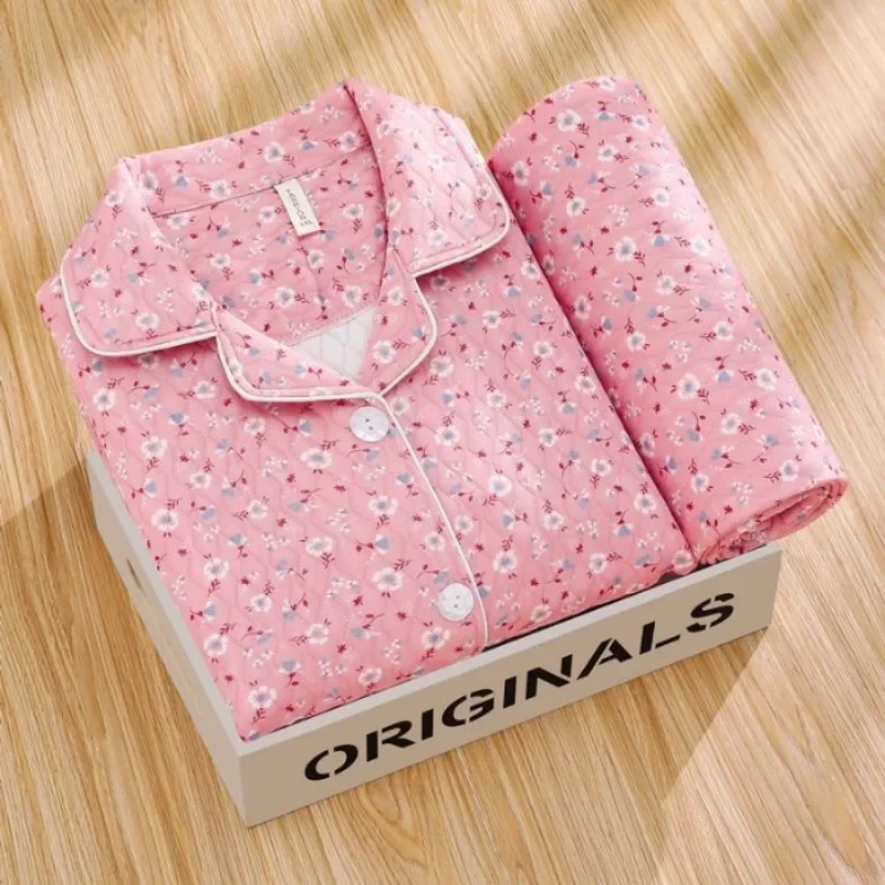 Middle-Aged Women Pajamas Autumn Winter Quilted Warm Homewear Suit Casual Simple Comfortable Large Size Nightclothes Sets 2024