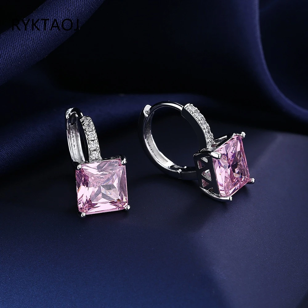 925 Sterling Silver Princess Cut Pink Zircon Huggie Hoop Earrings for Women Pave Side Crystal Leverback Ear Buckle Jewelry Gift
