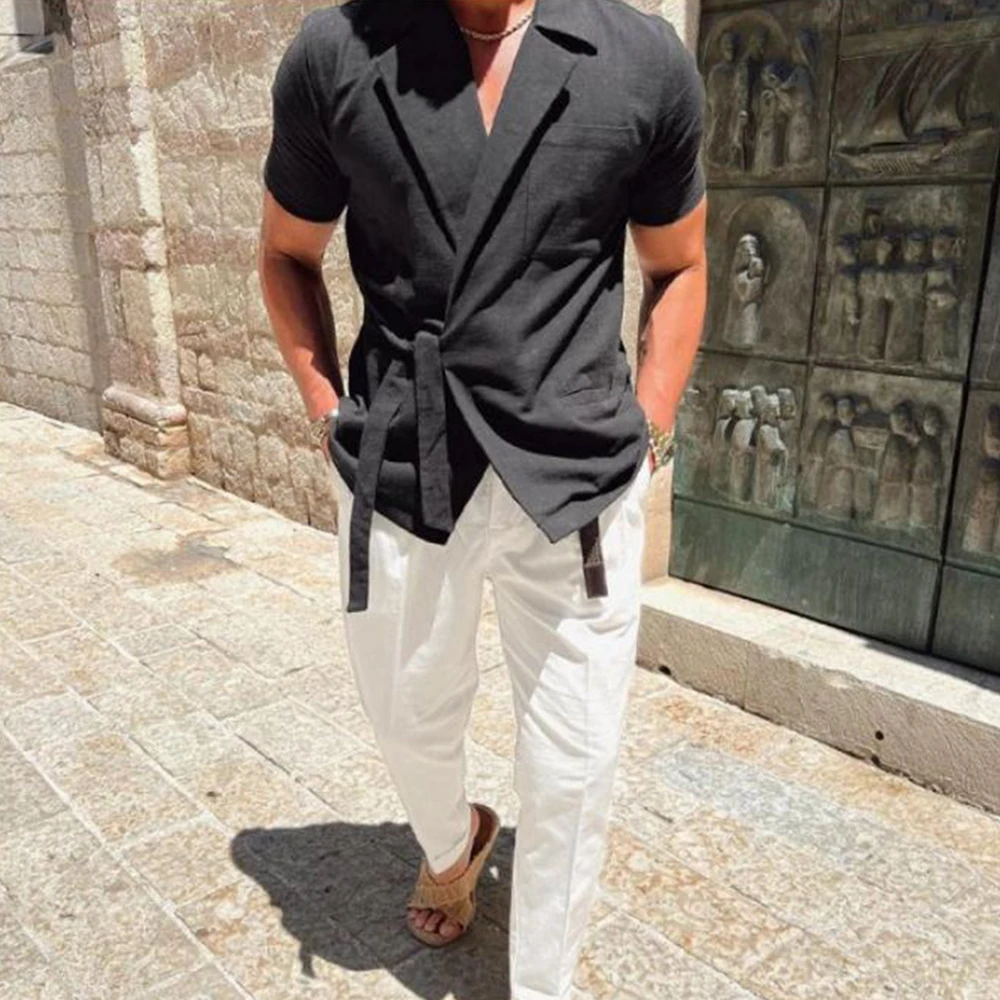 Summer Solid Color Linen Short-sleeved Shirt Suit Lapel Strap French Elegant Gentleman Loose Casual Simple Top Men\'s Clothing