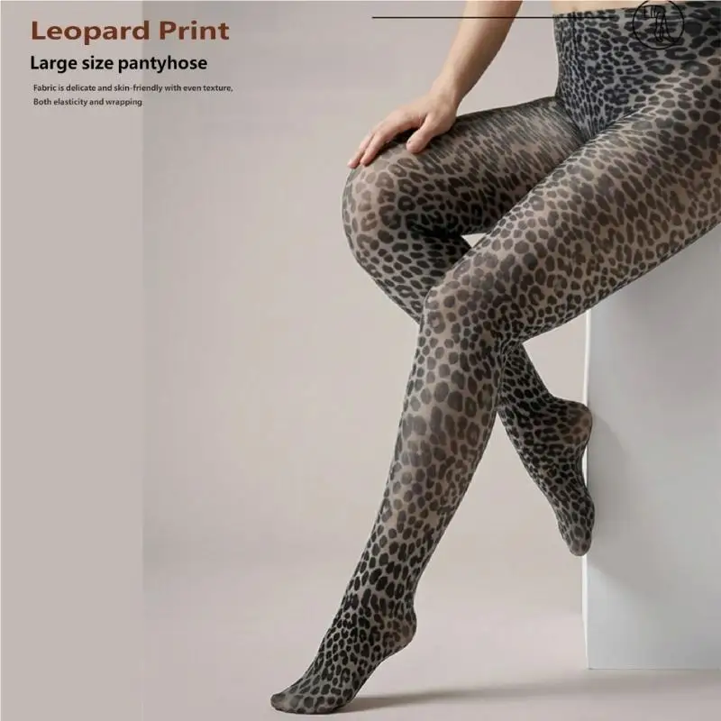 Women Large Size Leopard Patterned Silk Pantyhose Stockings High Waist Control Top Semi Opaque Tights Leggings Hosiery 