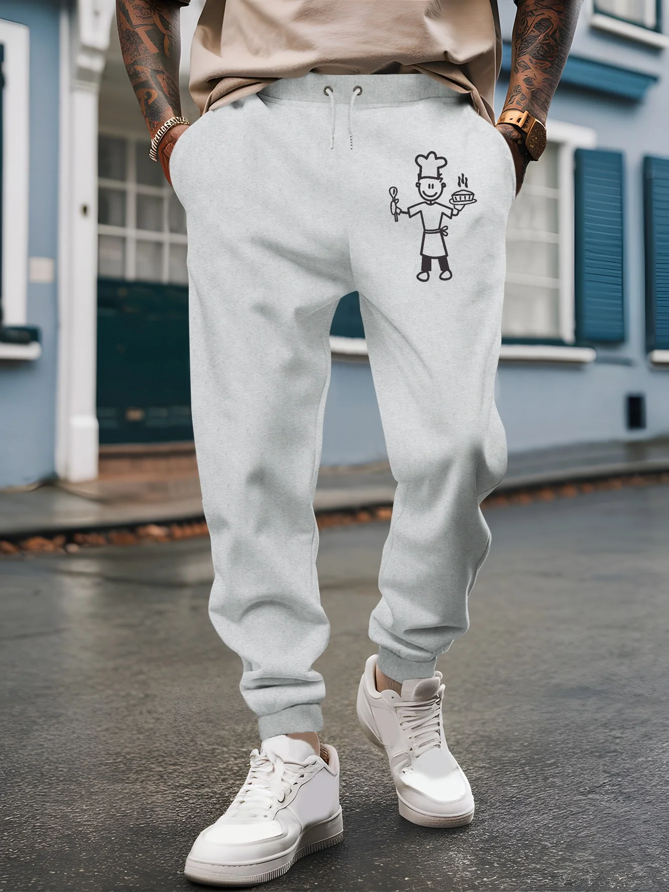 Playful cooking character stick‑man creative front‑side printed sweatpants men hip hop sports casual jogger pants